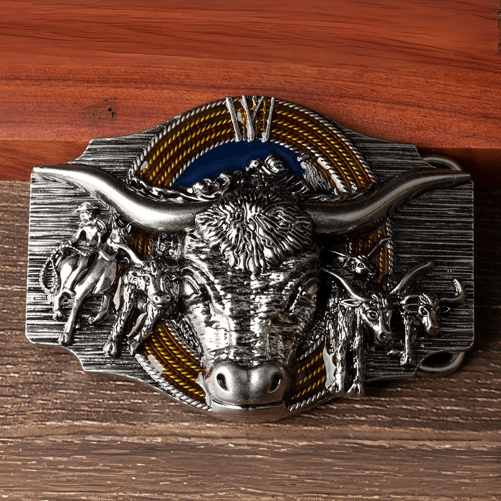 Bältesspänne Rodeo Longhorn med Cowboys
