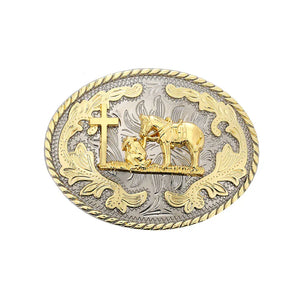 Bältesspänne western med kors och hästmotiv Silver och guld