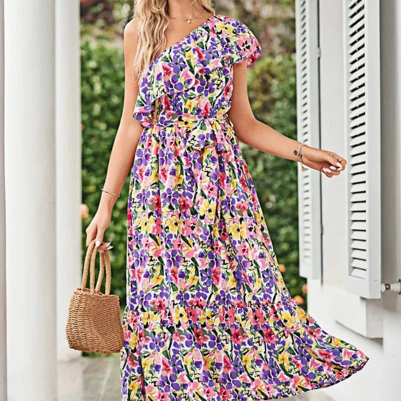 Blommig one shoulder-klänning