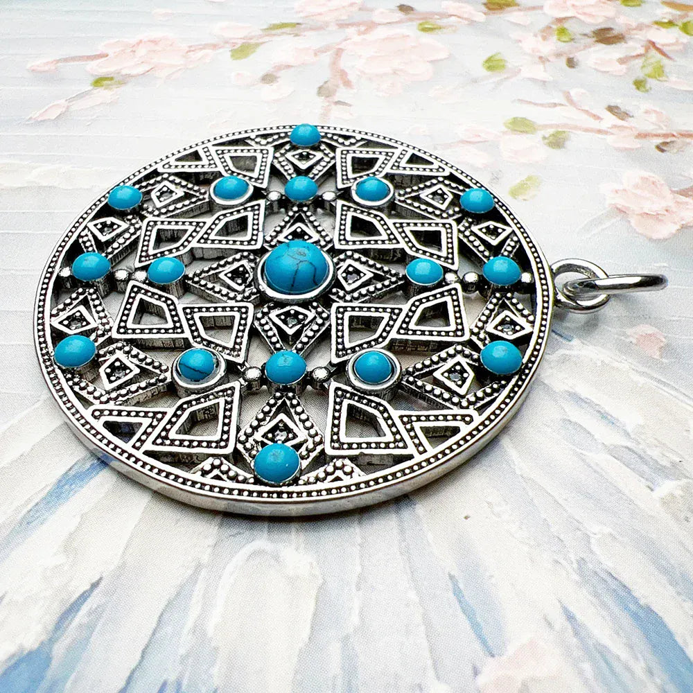 Blue Stone Round Ornament Pendant Brand New Jewelry Vintage 925 Sterling Silver Accessories Gift For Women