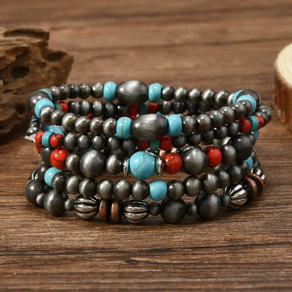 Boho Läderarmband med Turkosa Pärlor och Berlocker Stil 5st röda pärlor