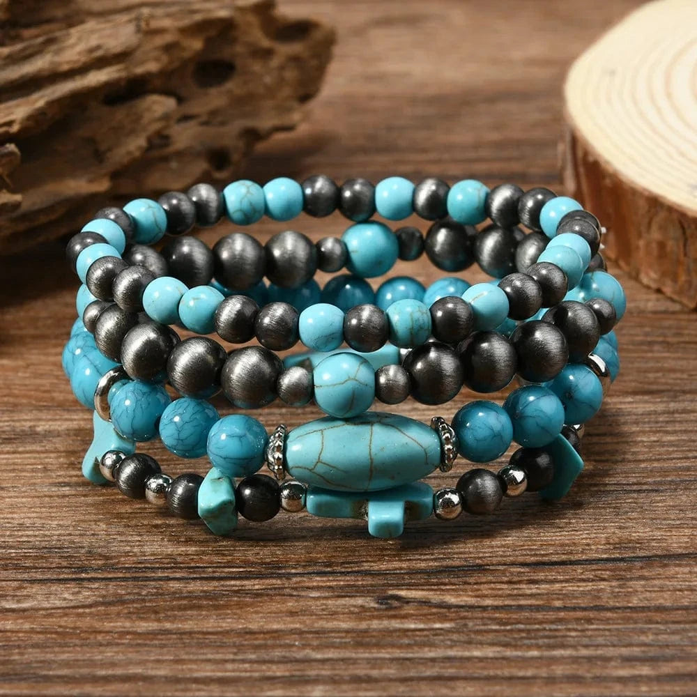 Boho Läderarmband med Turkosa Pärlor och Berlocker Stil 5st turkospärlor
