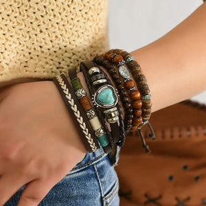 Boho Läderarmband med Turkosa Pärlor och Berlocker Stil 6st