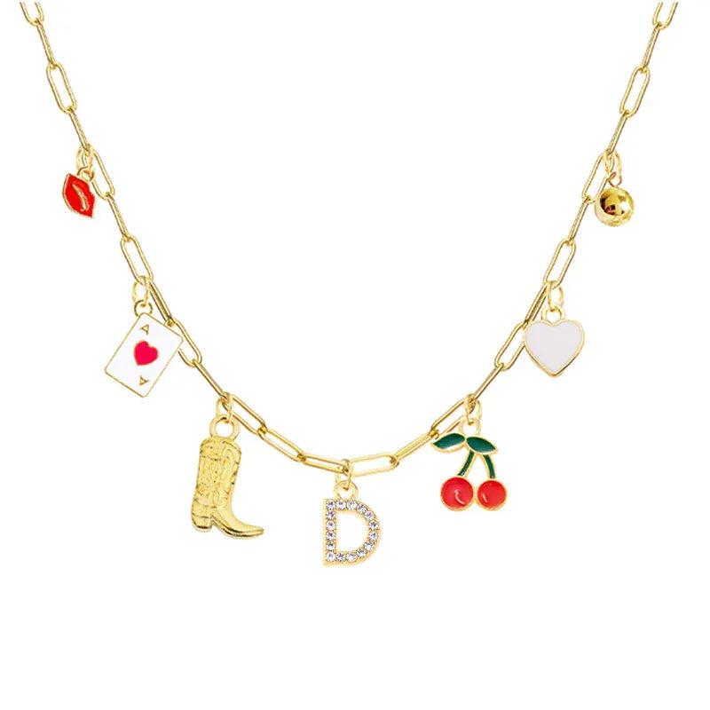 Boho Red Lips Cherry Heart Letter Charm Necklace Gold Plated Boots Crystal Initials Necklaces Cowgirl Beach Jewelry D