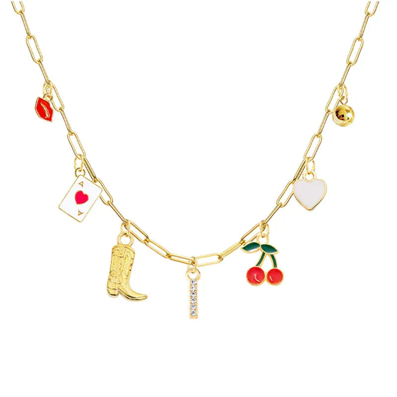 Boho Red Lips Cherry Heart Letter Charm Necklace Gold Plated Boots Crystal Initials Necklaces Cowgirl Beach Jewelry I