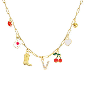 Boho Red Lips Cherry Heart Letter Charm Necklace Gold Plated Boots Crystal Initials Necklaces Cowgirl Beach Jewelry V
