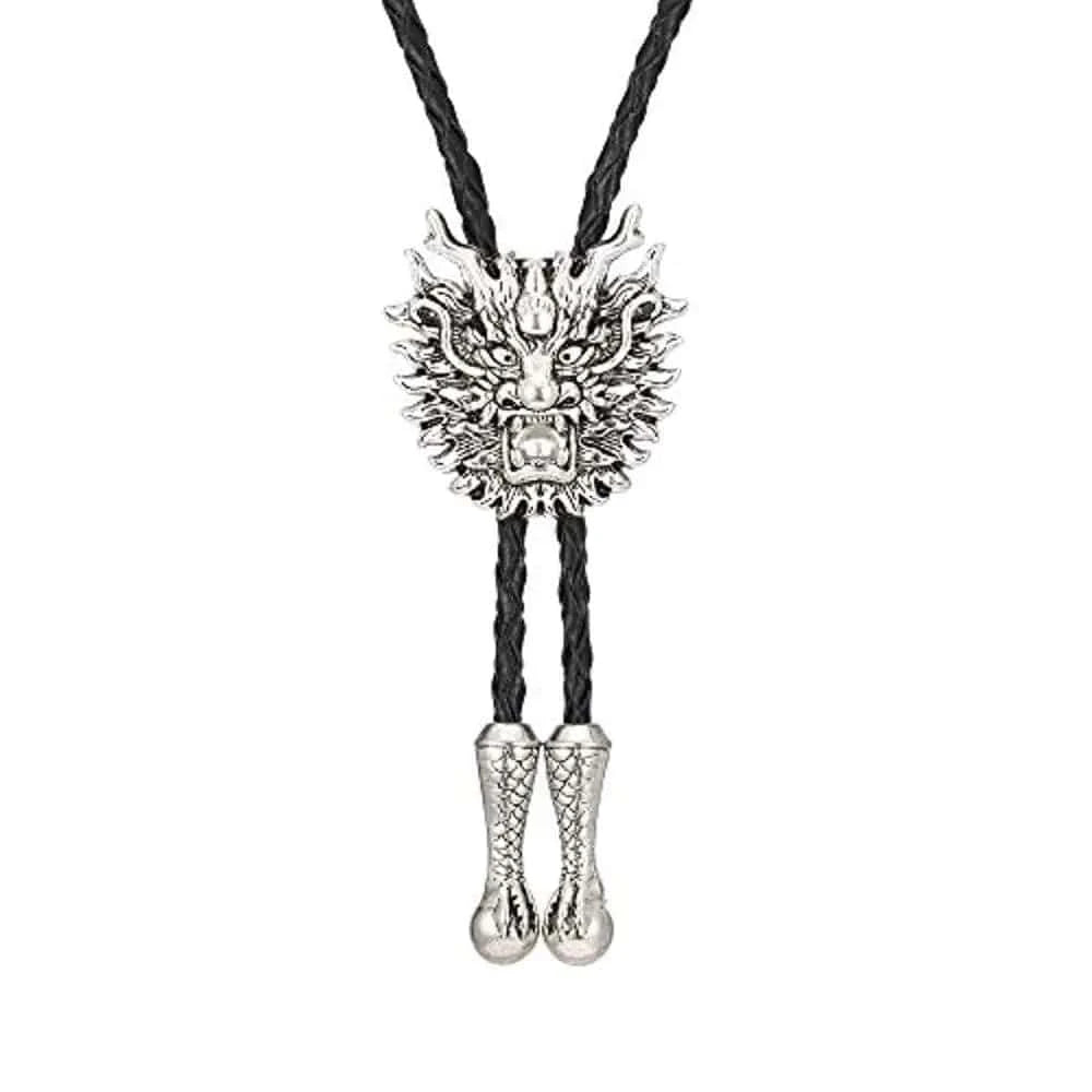 Bolo tie i läder med drakhuvud i metall Silver