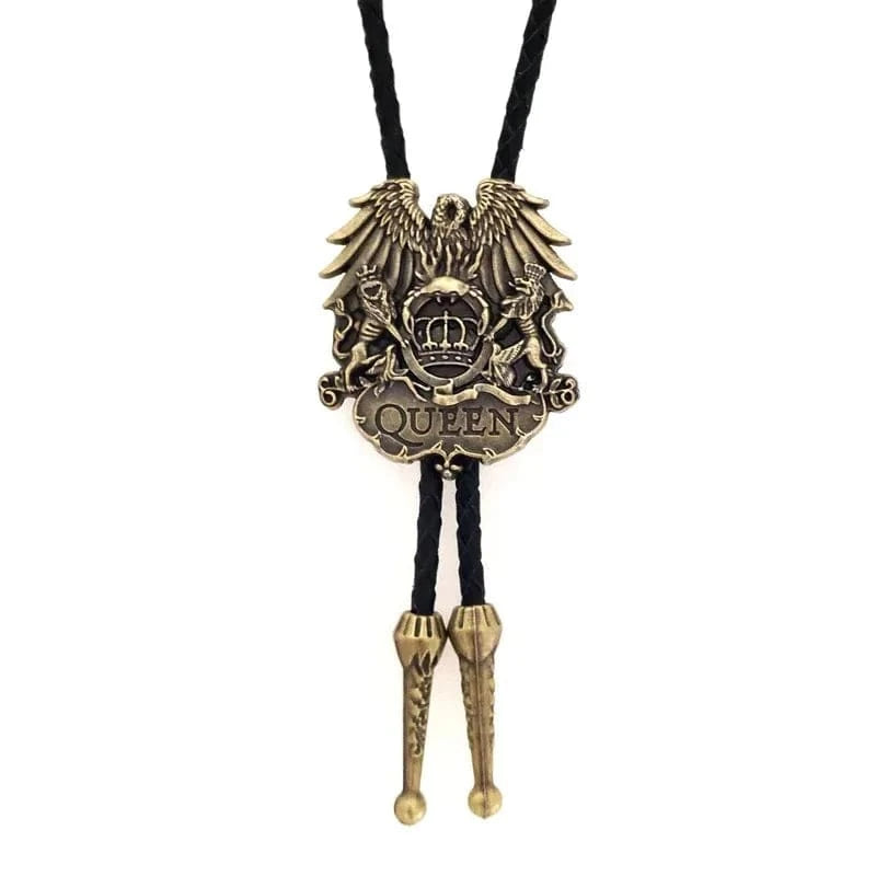 Bolo tie i läder med örnmotiv och metallkrona Antikguld