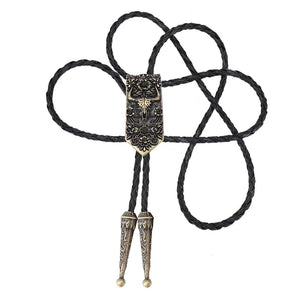 Bolo tie i läder med oxskalle och blommönster Antikbrons