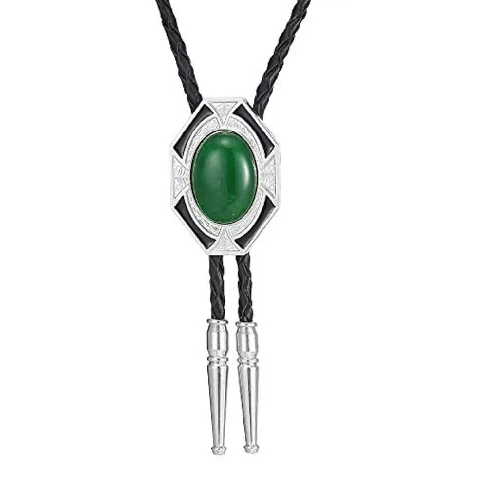 Bolo tie i läder med sexkantig ram och färgad sten Grön
