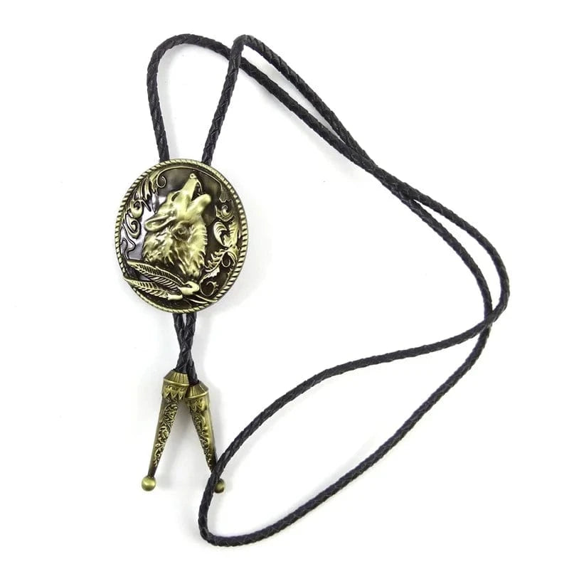 Bolo tie i läder med vargmotiv i antik stil