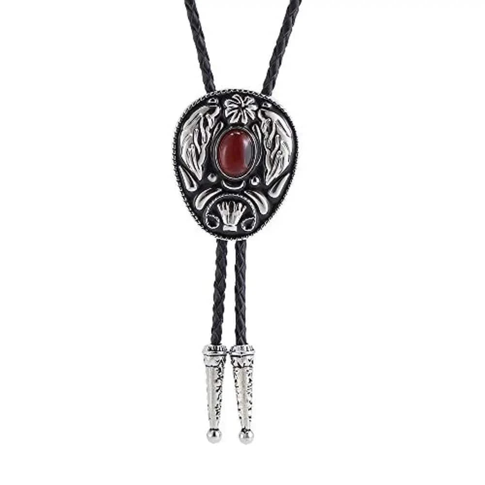 Bolo tie med dekorativ sten och lövmönstrad i vintage-stil Vinröd