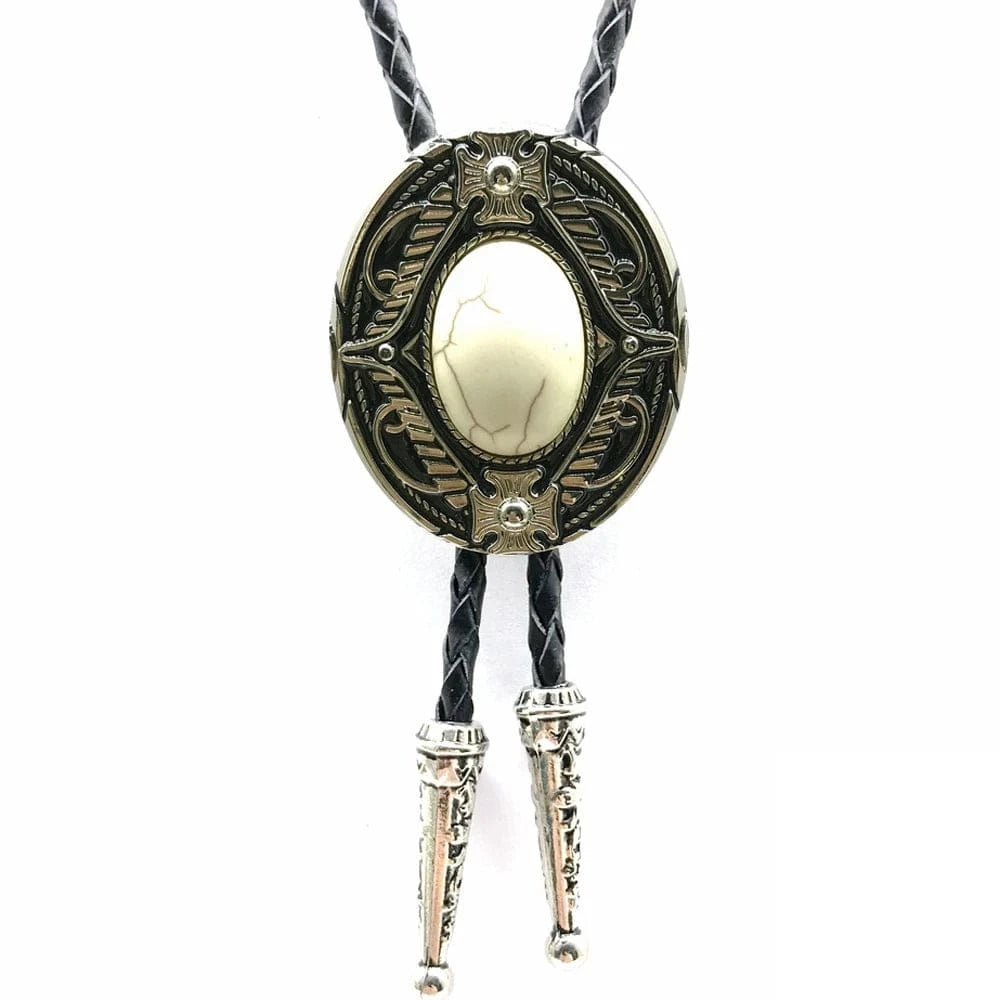 Bolo tie med oval agatsten och vintageinfattning Vit