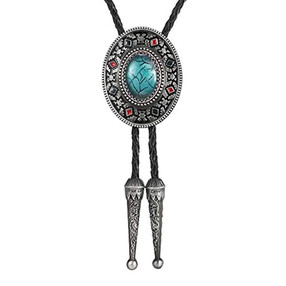 Bolo tie med oval sten och dekorativ antiksilverram Turkosgrön