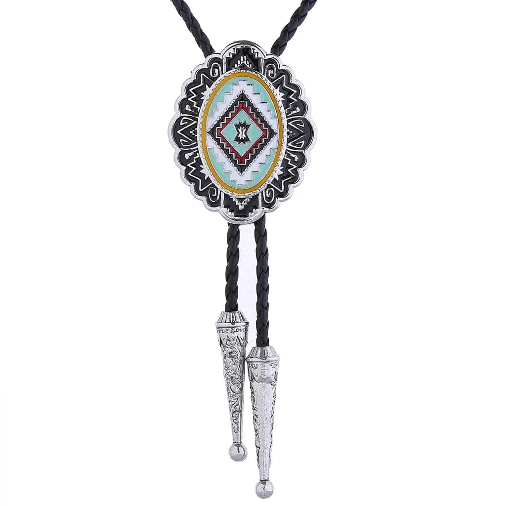Bolo tie med ovalt hänge i färgglad tribaldesign Svart