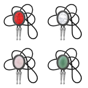 Bolo tie med stor oval sten och handflätad läderrem