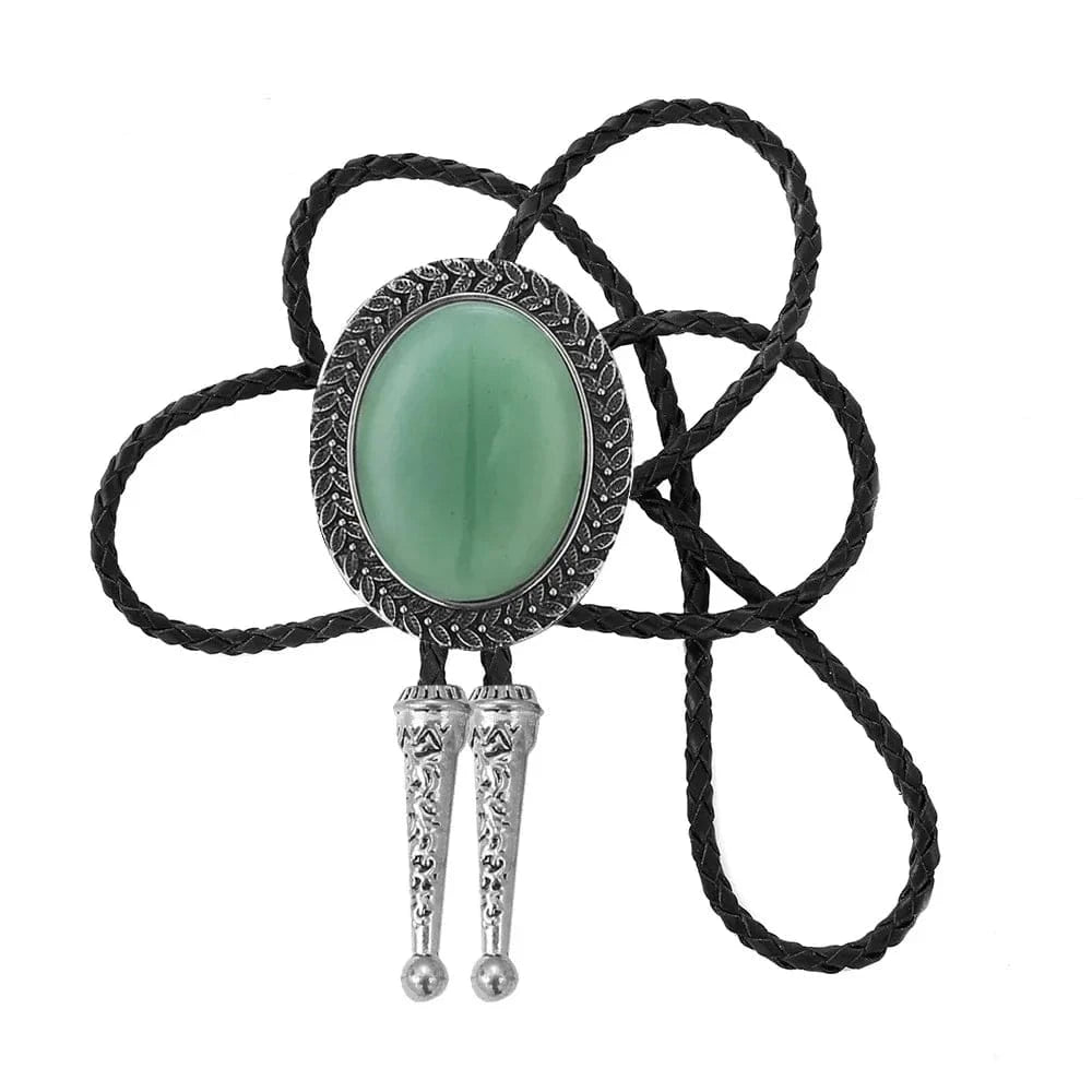 Bolo tie med stor oval sten och handflätad läderrem Grön