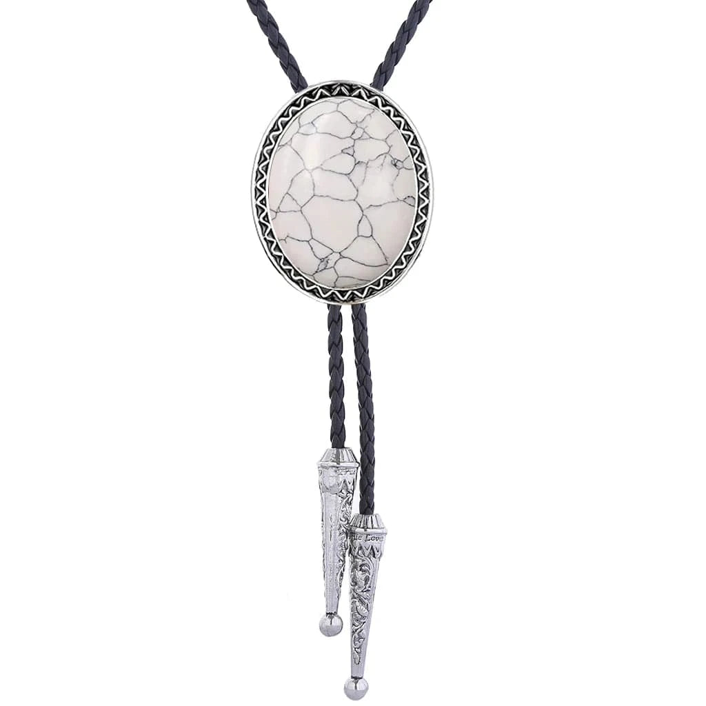 Bolo tie med vit marmormönstrad sten och flätat lädersnöre Vit