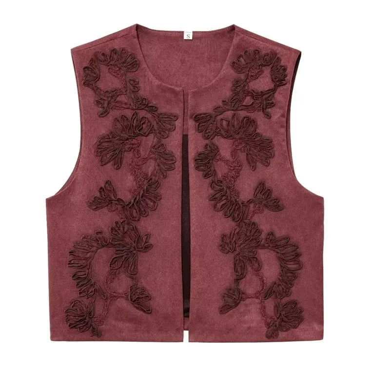 Broderad Fuskmocka Väst Dam Kort Modell