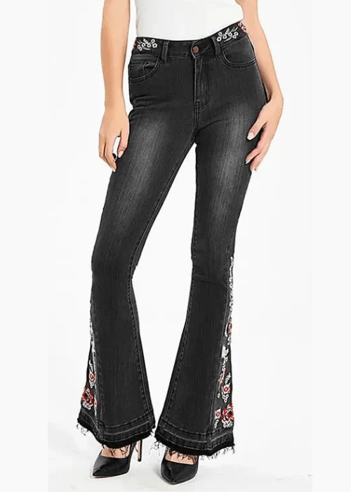 Broderade svarta flare jeans med blommönster