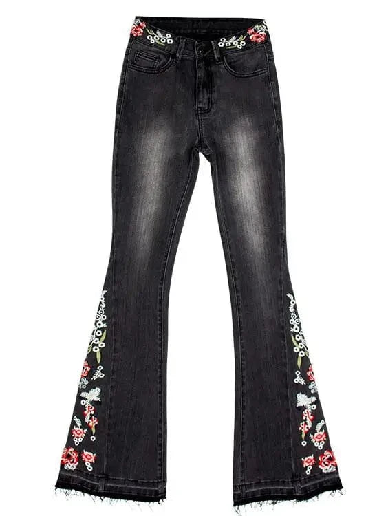 Broderade svarta flare jeans med blommönster