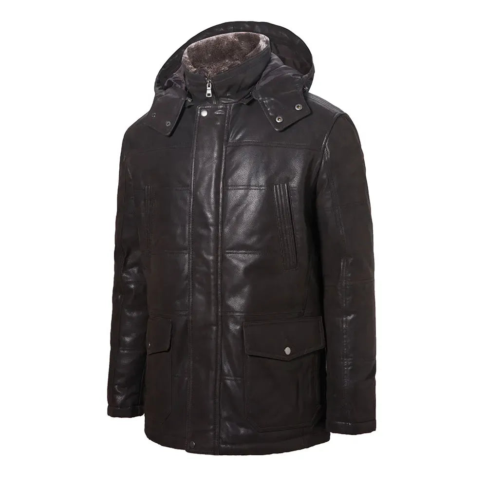 Brun skinn jacka med pälskrage