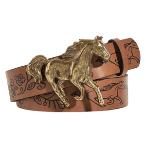 Brunt westernbälte i läder med springande häst Brun / 102cm