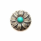 Concho i Mässing med Tribal Solblomma och Färgsten Antiksilver och grön / 30mm