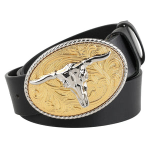 Cowboybälte äkta läder med guld silverspänne Svart / 95cm