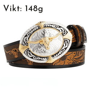 Cowboybälte i läder tjurhuvudspänne