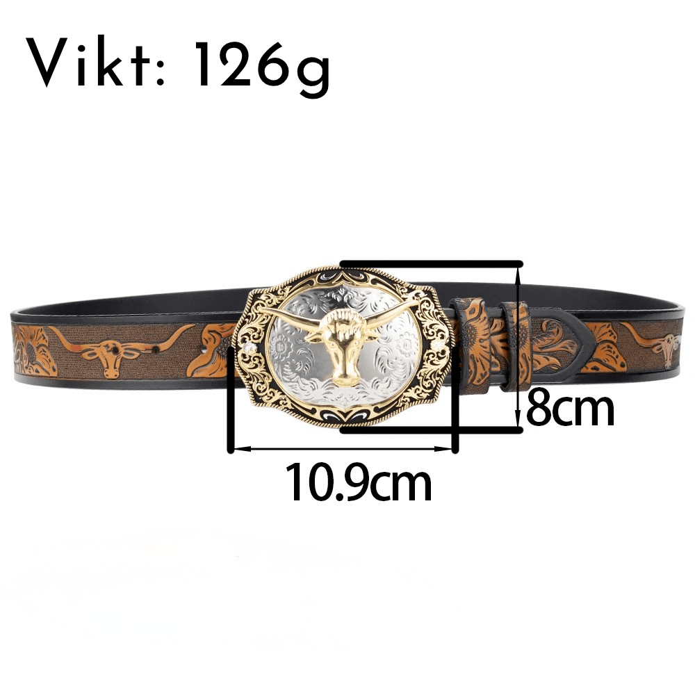 Cowboybälte i läder tjurhuvudspänne