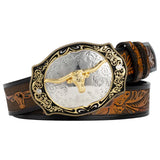 Cowboybälte i läder tjurhuvudspänne Kamel 2 / 95cm