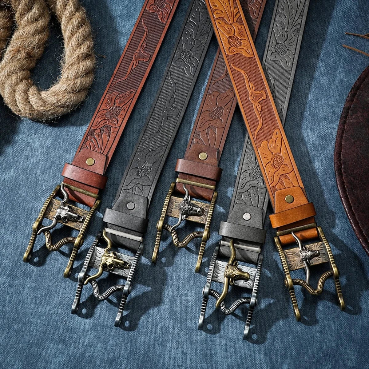 Cowboybälte med longhorn vintagespänne