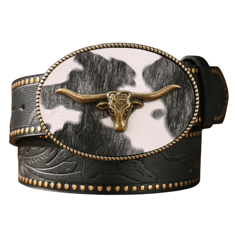 Cowboybälte med spänne i kohudsmönster Svart guld / 120cm