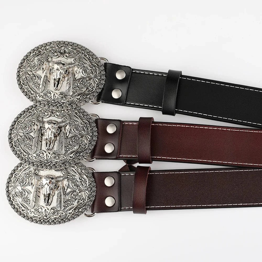 Cowboybälte med tjurskallespänne i äkta läder