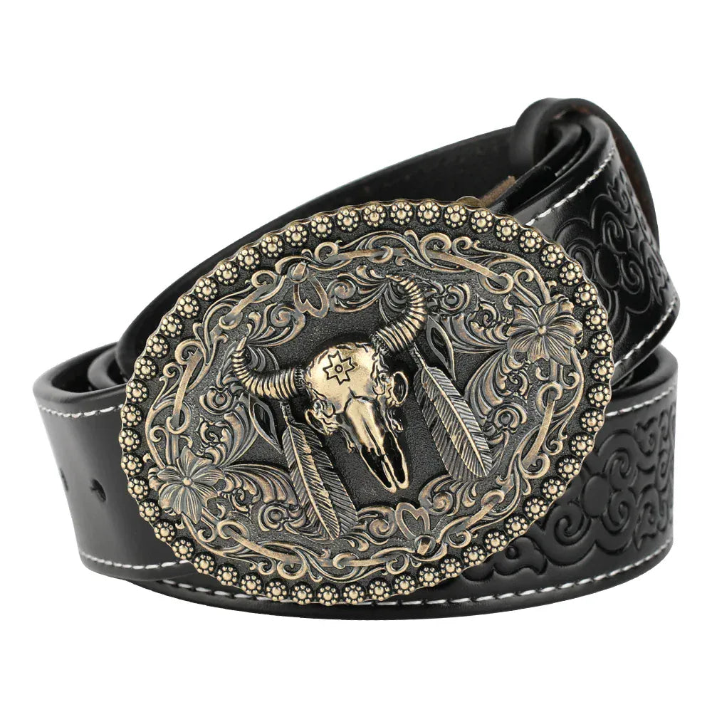 Cowboybälte med tjurskallespänne i äkta läder C Svart / 95cm
