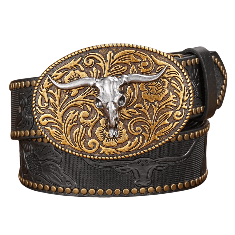 Cowboybälte silver tjurhuvud Svart / 120cm
