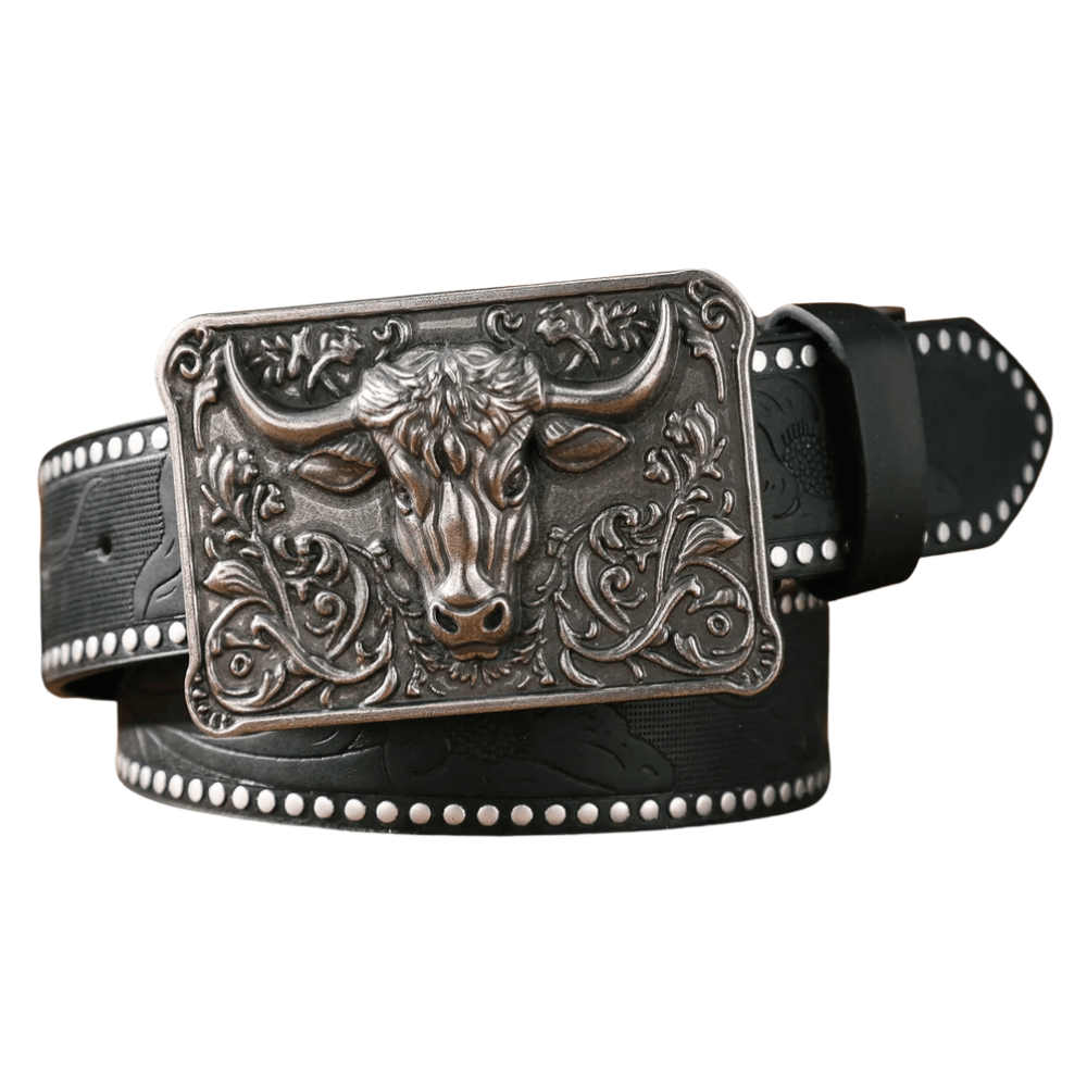 Cowboybälte Tjurhuvud Silver Svart / 120cm