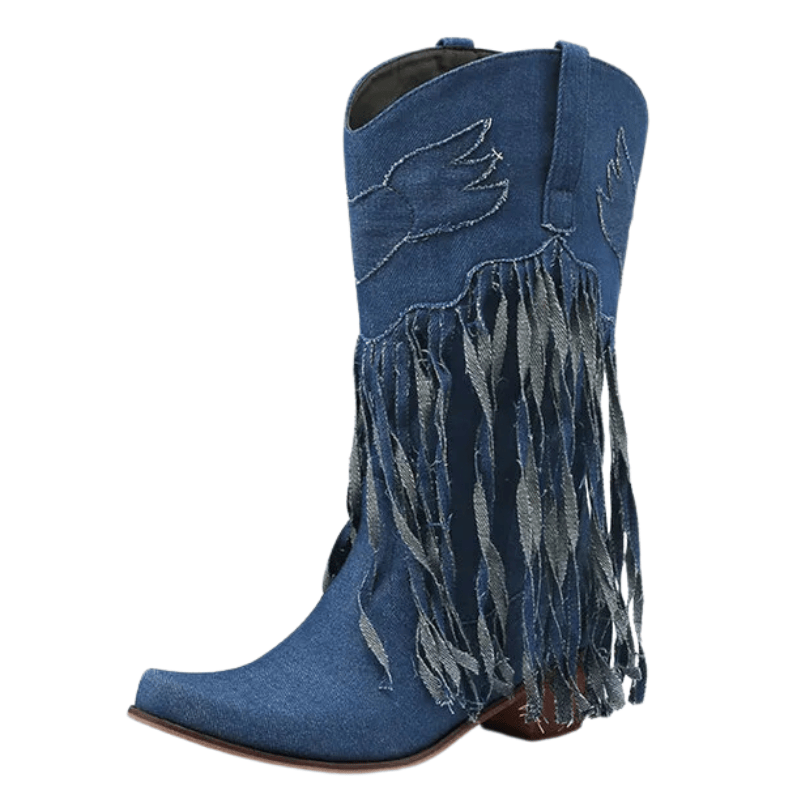 Cowboyboots i denim med fransar och blockklack Mörkblå / 35