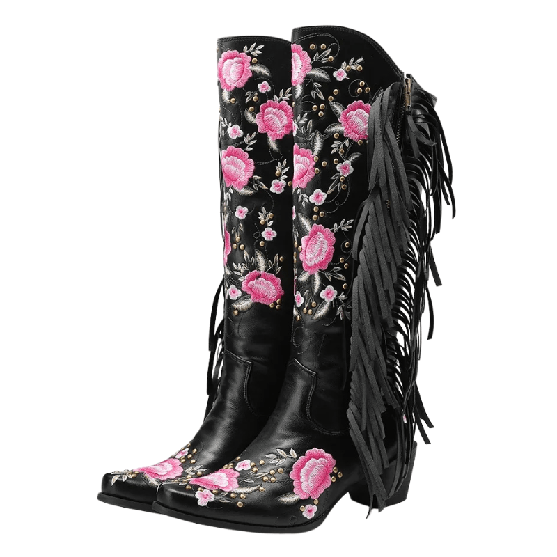 Cowboyboots med blombroderi och fransar