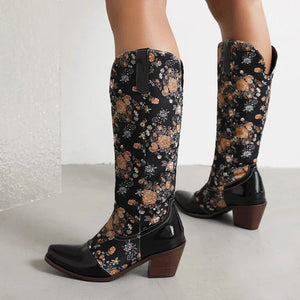 Cowboyboots med Blommönster och Fyrkantig Klack