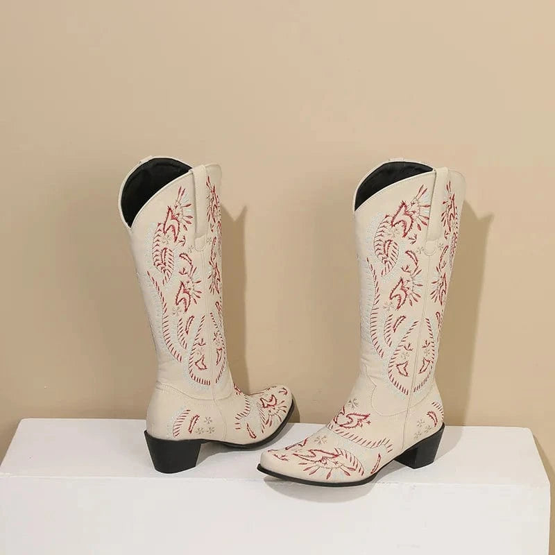 Cowboyboots med broderad design och blockklack