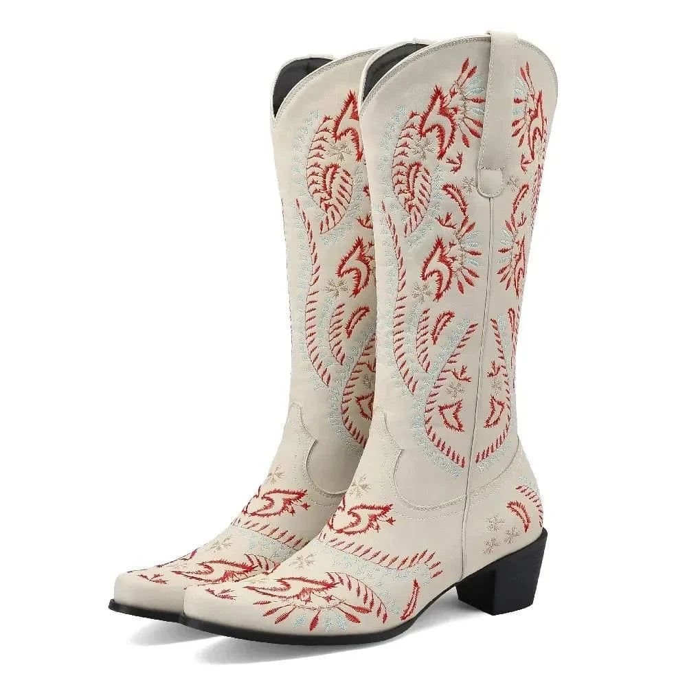 Cowboyboots med broderad design och blockklack Beige / 35