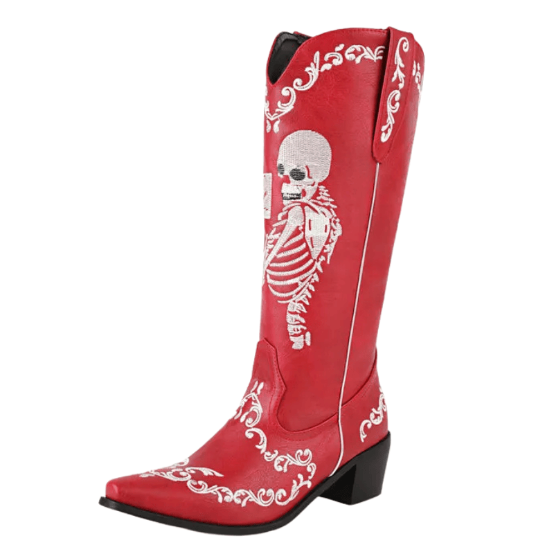Cowboyboots med broderad skelettdesign och chunky klack Röd / 36