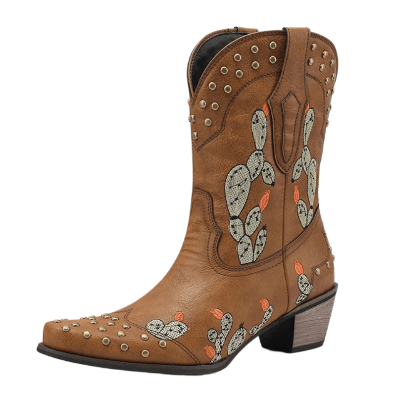 Cowboyboots med Kaktusbroderi och Nitar för Dam Brun / 35