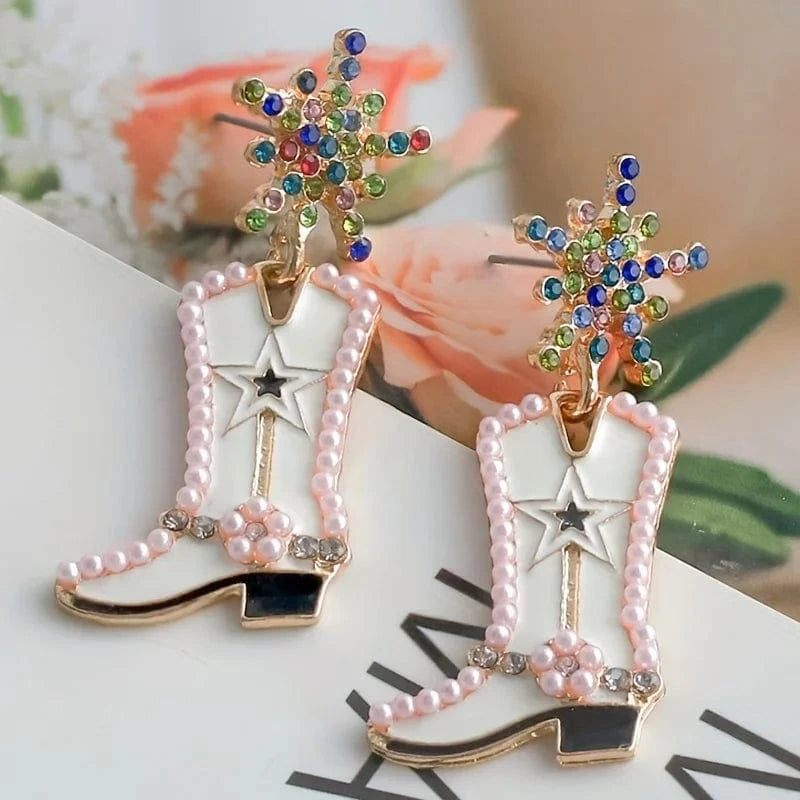 Cowboyboots-örhängen med pärlor och snöflinga Ljusrosa
