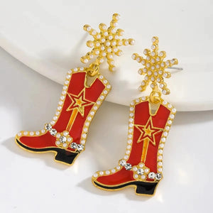 Cowboyboots-örhängen med pärlor och snöflinga Röd