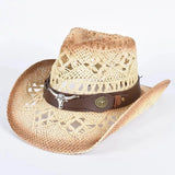 Cowboyhatt i flätad halm med tjurdetalj Beige-kaffe / Ungefär 58cm