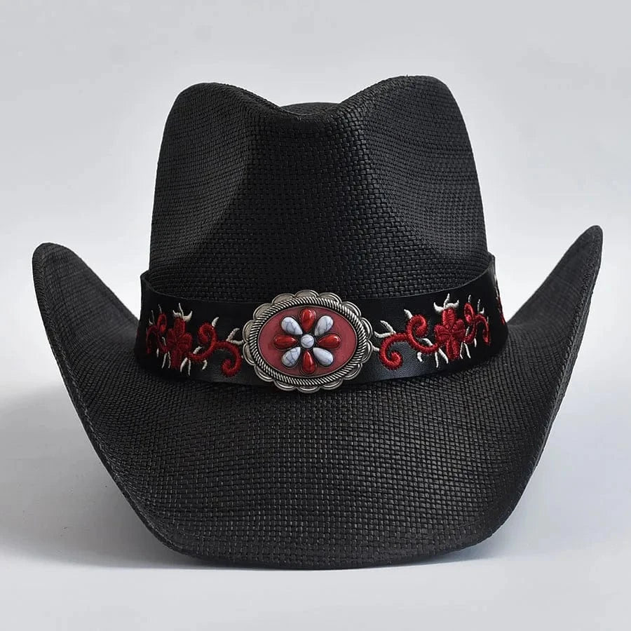 Cowboyhatt i halm med broderat bälte