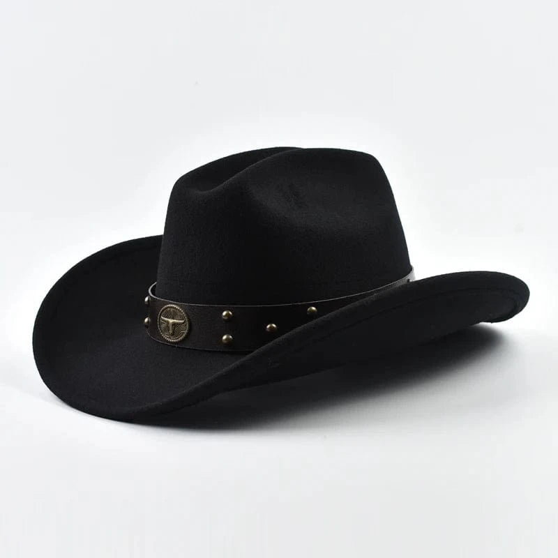 Cowboyhatt i mjuk filt med läderband och nitar